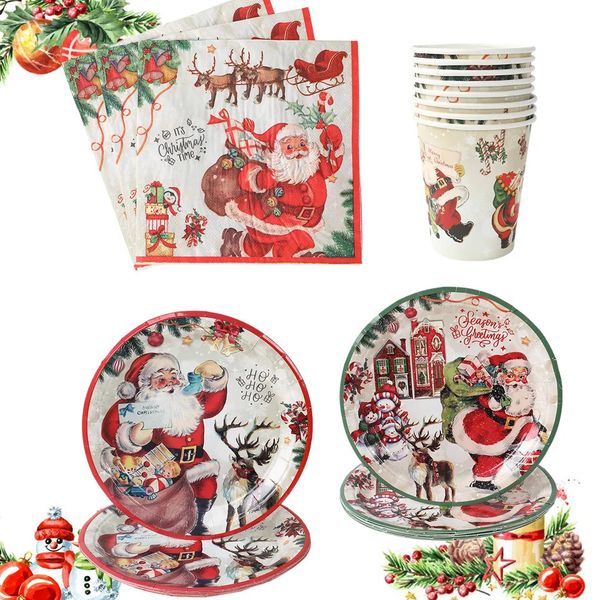 Christmas Party Disposable Tableware Santa Elk Paper Plates Cups Merry Decorations 2024 For Home Xmas Ornaments 241119