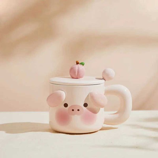 Cute Pig g with Lid and Spoon Coffee Cup Girls Ceramic Cup Household Milk Breakfast Cup Couple Drinking Cup Capybara RaccoonT250116
