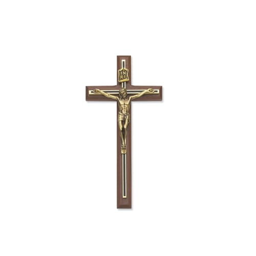 Walnut Crucifix with Black and Gold Overlay 8&amp;quot;