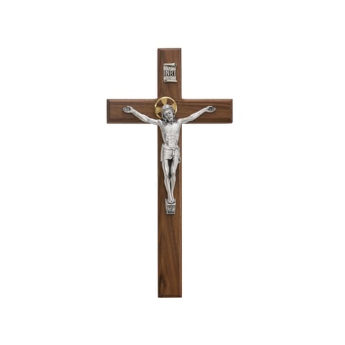Walnut Crucifix with Pewter Corpus - 13&amp;quot;