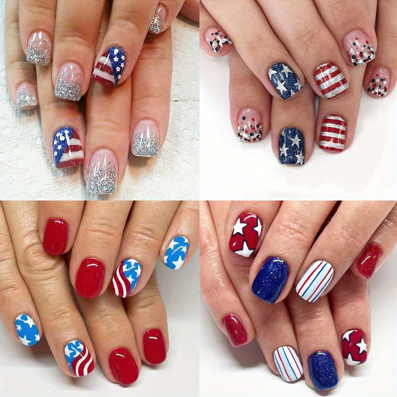 TEMU 96pcs (4pcs) Press On Nails - Patriotic Glitter Stars & , Glossy Short Square Fake Nails With Easy Application For Women, Manicure Art, Cute