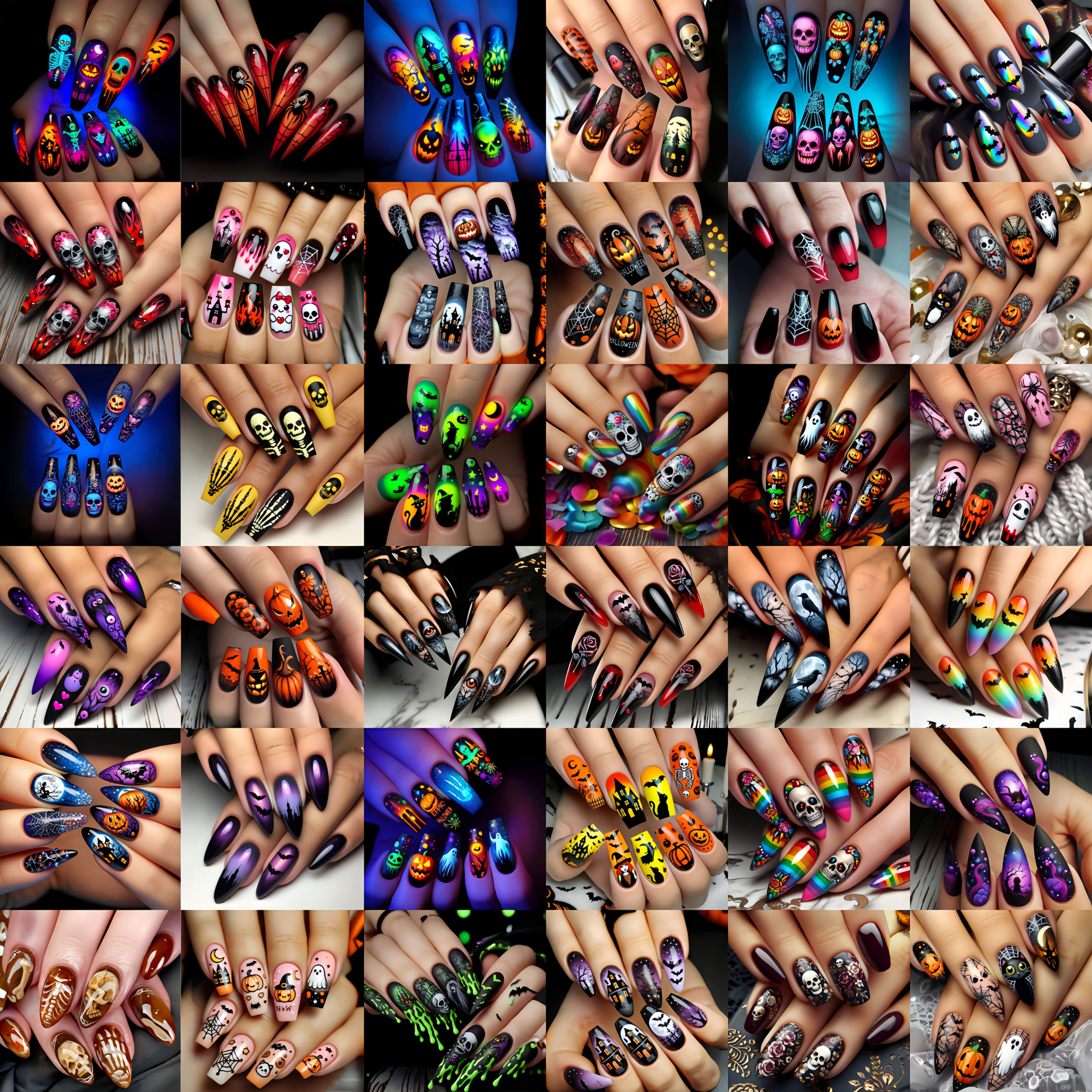 TEMU 216pcs Halloween Nail Art Set - Glossy Press-on Nails With Spooky , Bats, Pumpkins & - Vibrant Orange, Black, Green, Purple, Blue, Pink, Red,