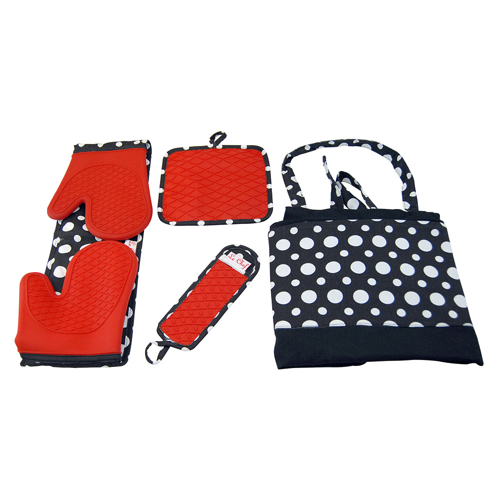 Le Chef™ 4-Piece Kitchen Tools Apron Set - Red Diamond Dot