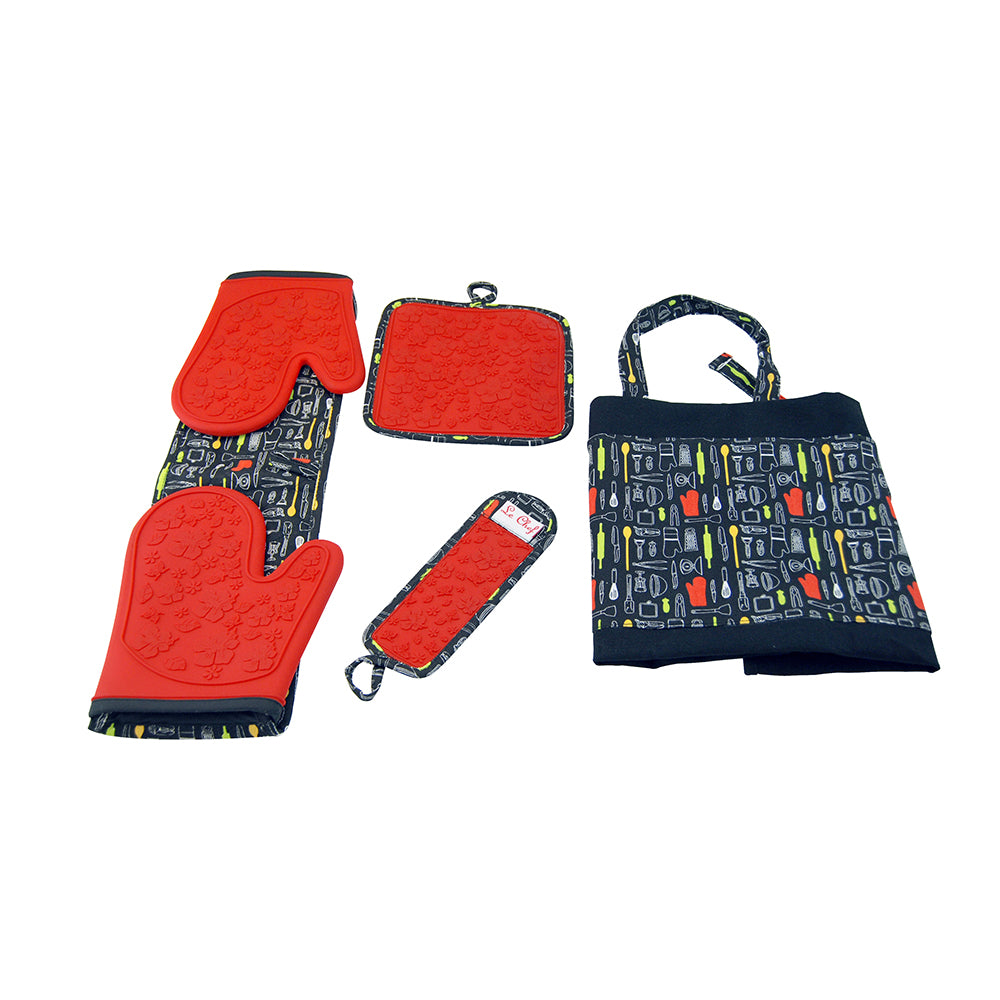Le Chef™ 4-Piece Kitchen Tools Apron Set - Red Floral Tool