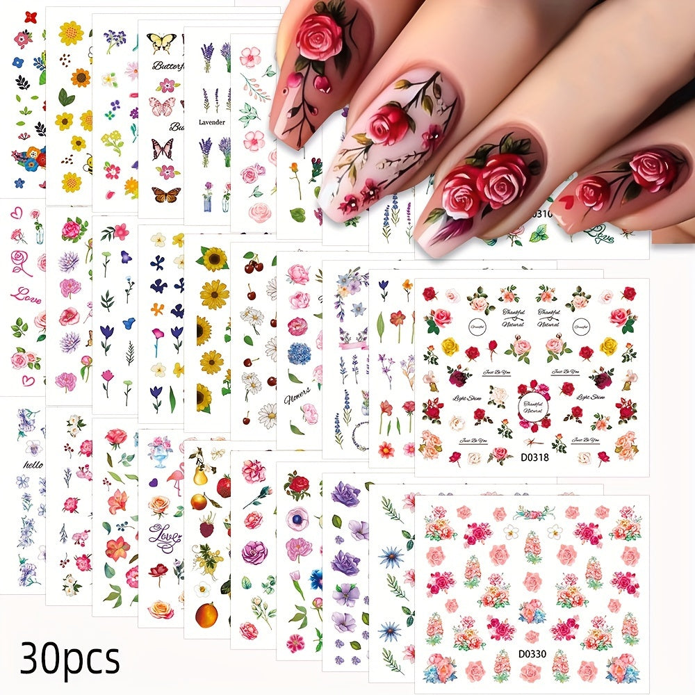 TEMU 30pcs Nail Art Stickers Set, Floral & Designs, Self-adhesive Plastic Nail Decals, , Glitter Embellished, Plant Theme, Irregular Shapes,