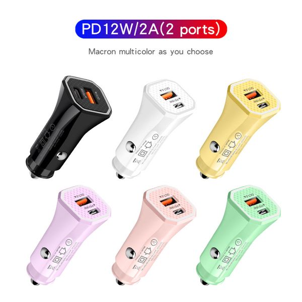 12W Car Charger PD+USB Dual Port A+C Mobile Car Charging 2.4A 2 Ports Car Chargers