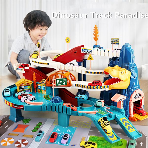 Diecast Model car Dinosaur Toys Car Dino Adventure Curved Road Track Rail Vehicle Parking Lot Kids Boys Interaction Games Children Birthday