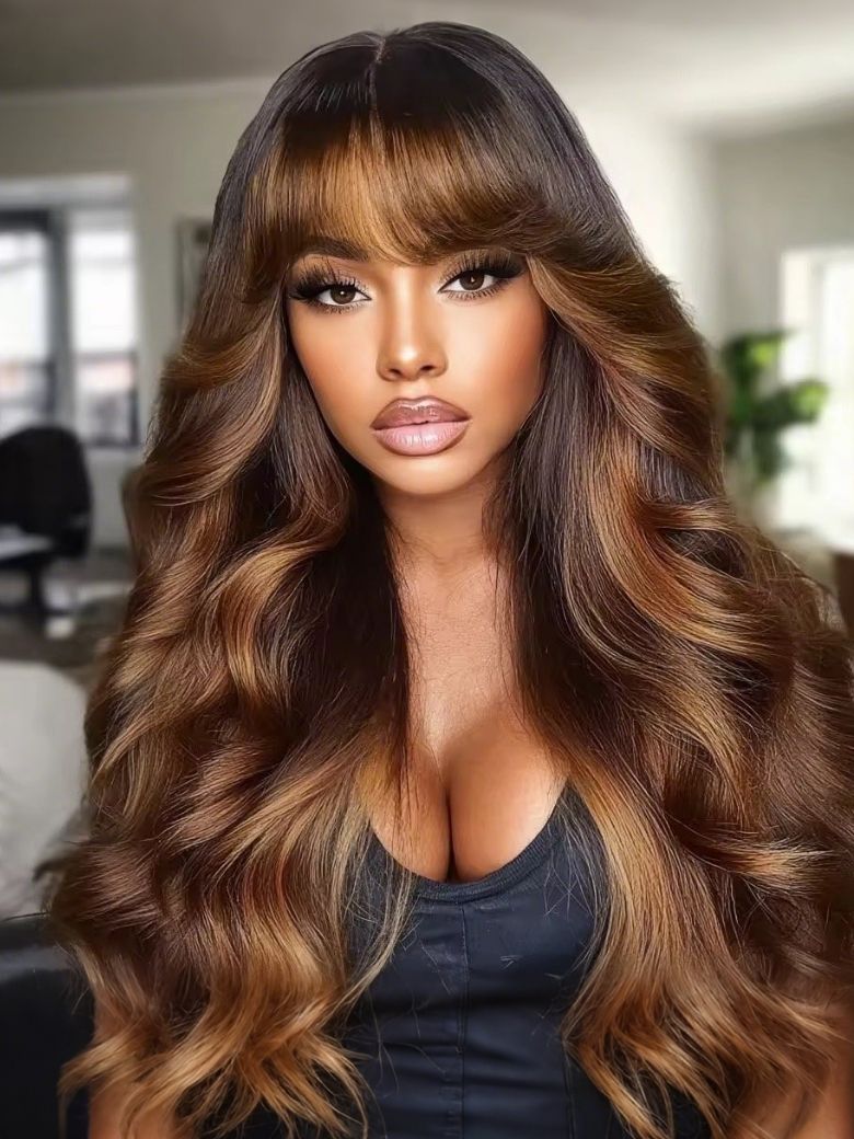 UNice Bye-Bye Knots 13x4 Black with Brown Money Piece Natural Fluffy Loose Wave Curtain Bangs Wig