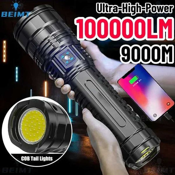 Ultra Bright LED Flashlight Powerful Tactical Torch 15000mah Built-in Battery Emergency Camping Spotlights With Tail Light Y240731