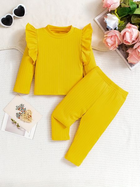 148 Autumn and winter new style girls autumn pajamas wood ear edge baby round neck children&#039;s clothing solid color pajamas set