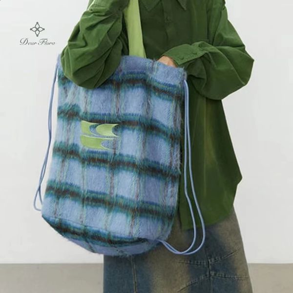 Y2K Korean Plush Backpack Large Capacity Underarm Shoulder Bags Fashion Casual Drawstring Handbag Portable Gym Shopping Tote 240926