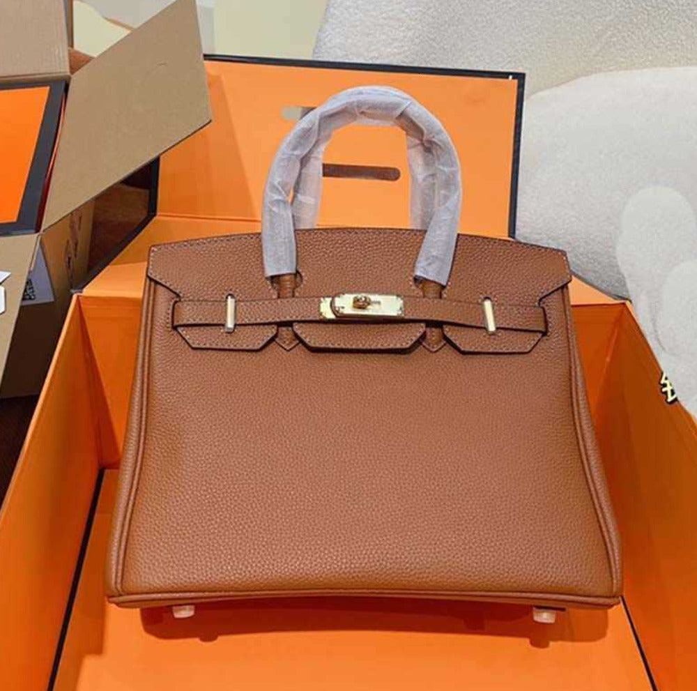 2025 Ladies Genuine Cowhide Leather Lychee Grain Handbag Elephant Grey Shoulder Tote Bag 88