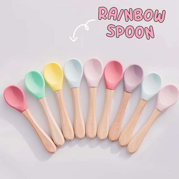 Silicone Spoon for Baby Utensils Set Auxiliary Food Toddler Learn To Eat Training Wooden Handle Fork Infant Tableware