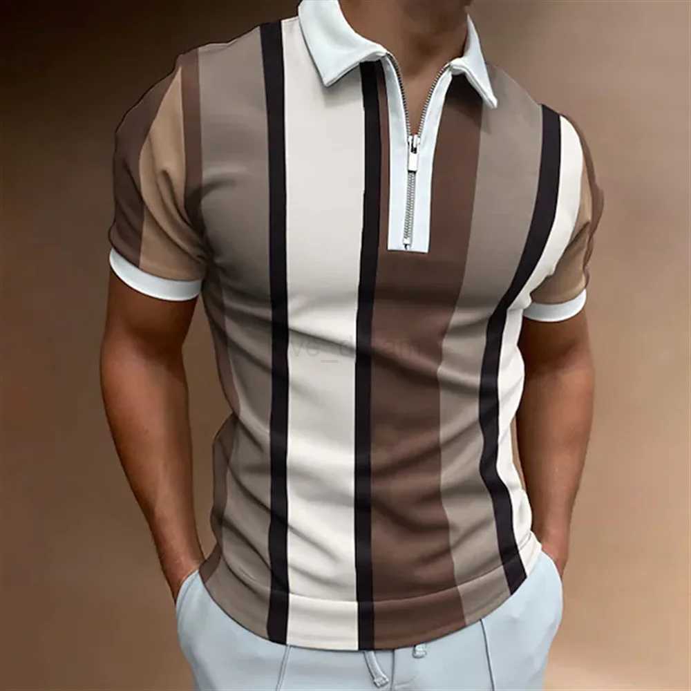 2023 Polo Shirt for Men Summer Mens Tops Daily Short Sleeve Striped Golf Plain Clothing Men Shirts Turn-down Collar Zippers TeeXJ240920