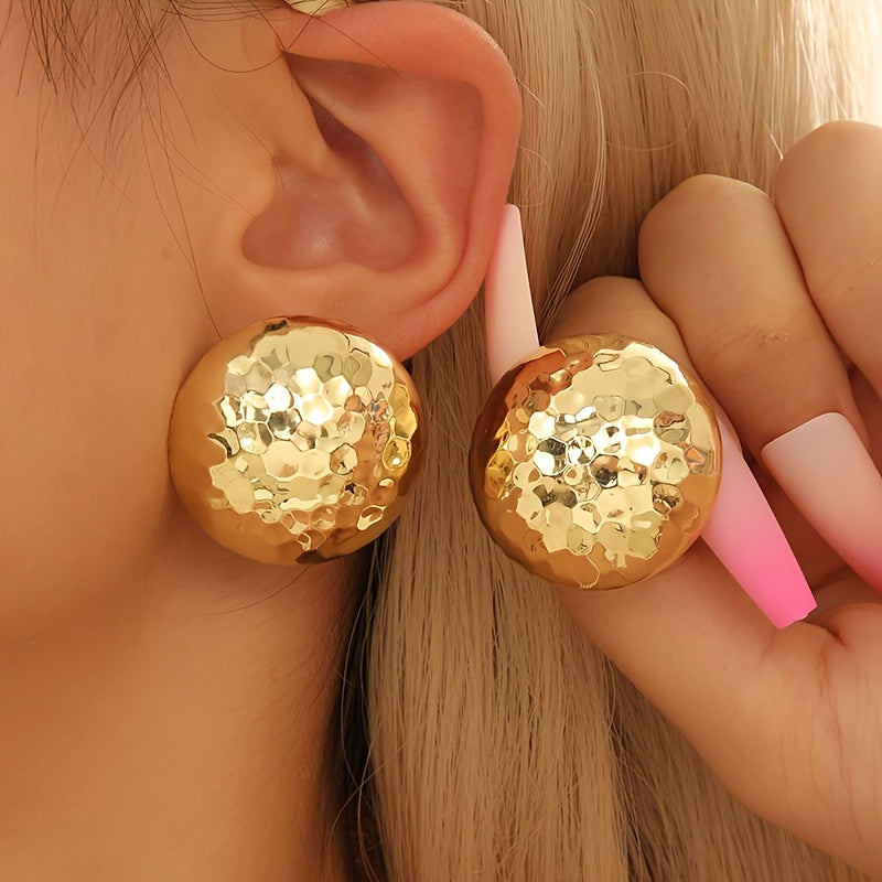 TEMU 2pcs Elegant Metal Half-sphere Stud Earrings For Women – Golden Textured Design, Iron Material, Casual Attire Or Music Festivals, Everyday