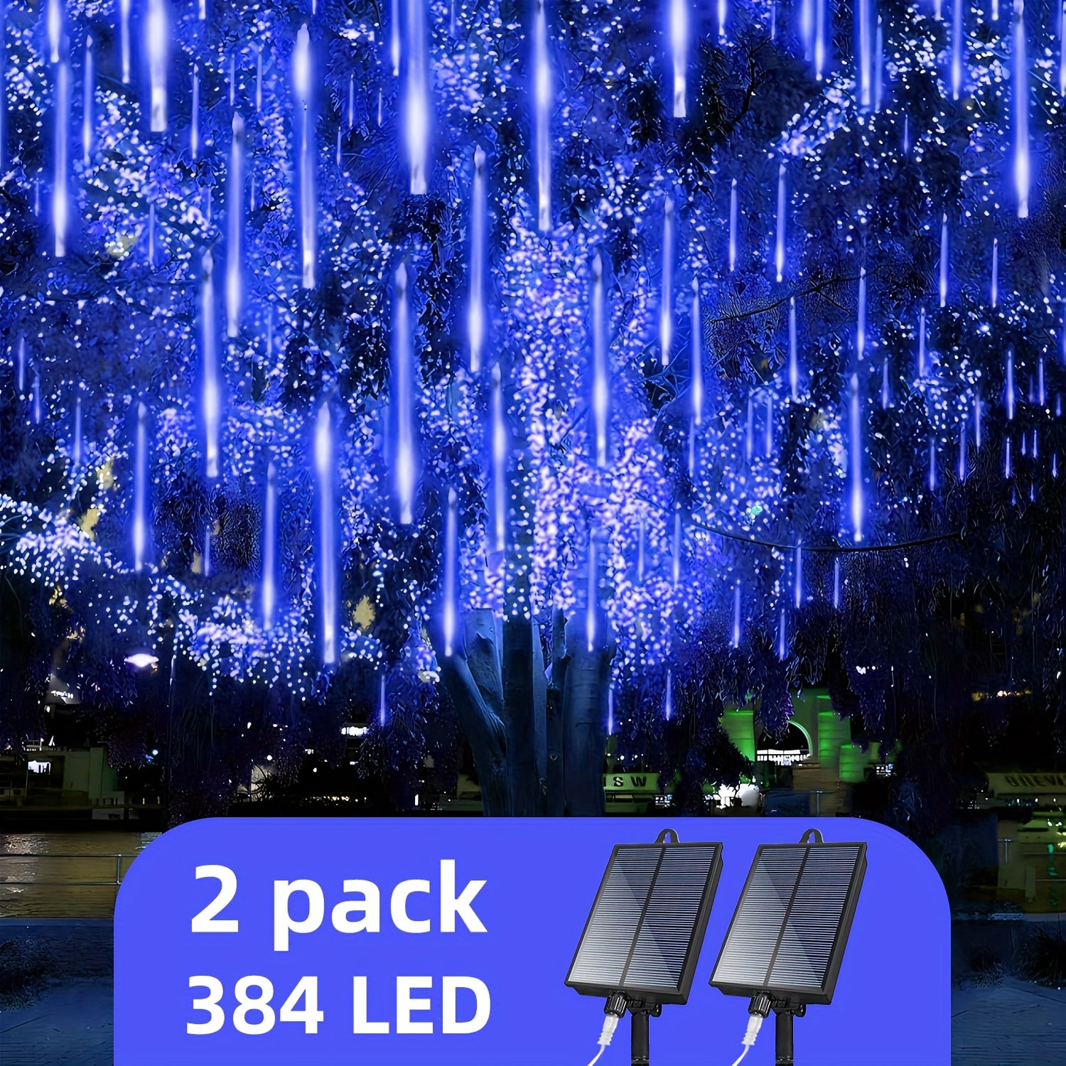 TEMU 2 Pack 16 Tubes Solar Meteor Shower Christmas Tree Lights,, 384 Led Meteor Shower Icicle Lights, Used For Wedding Decoration, Courtyard,