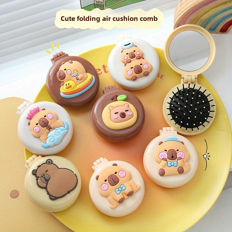 TEMU Cute Capybara Air Cushion Comb - Portable Folding Pneumatic Hairbrush With Mirror, Nylon Bristles For Gentle Detangling, Compact Travel Comb For