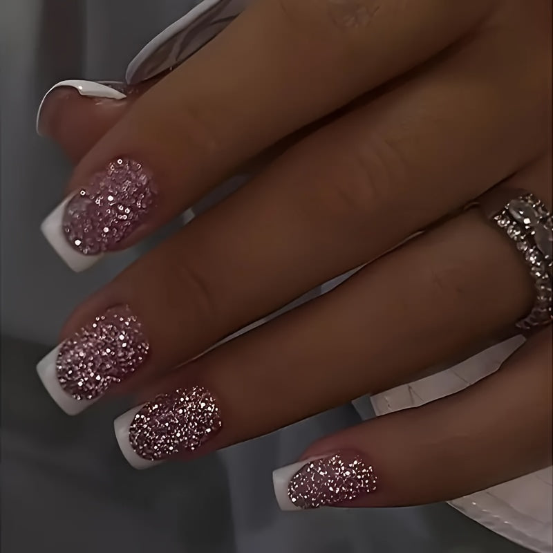 TEMU 24pcs Short Square White French Tip Press-on Nails With Sparkling Pink Glitter Design – Elegant False Nails For Casual Attire Or Special