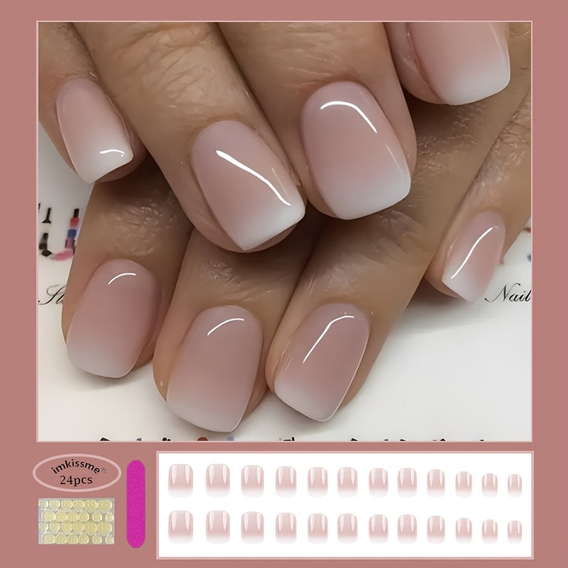 TEMU Festive Pink And White Ombre Nail Decals - Short, Square Shape, Glossy Finish