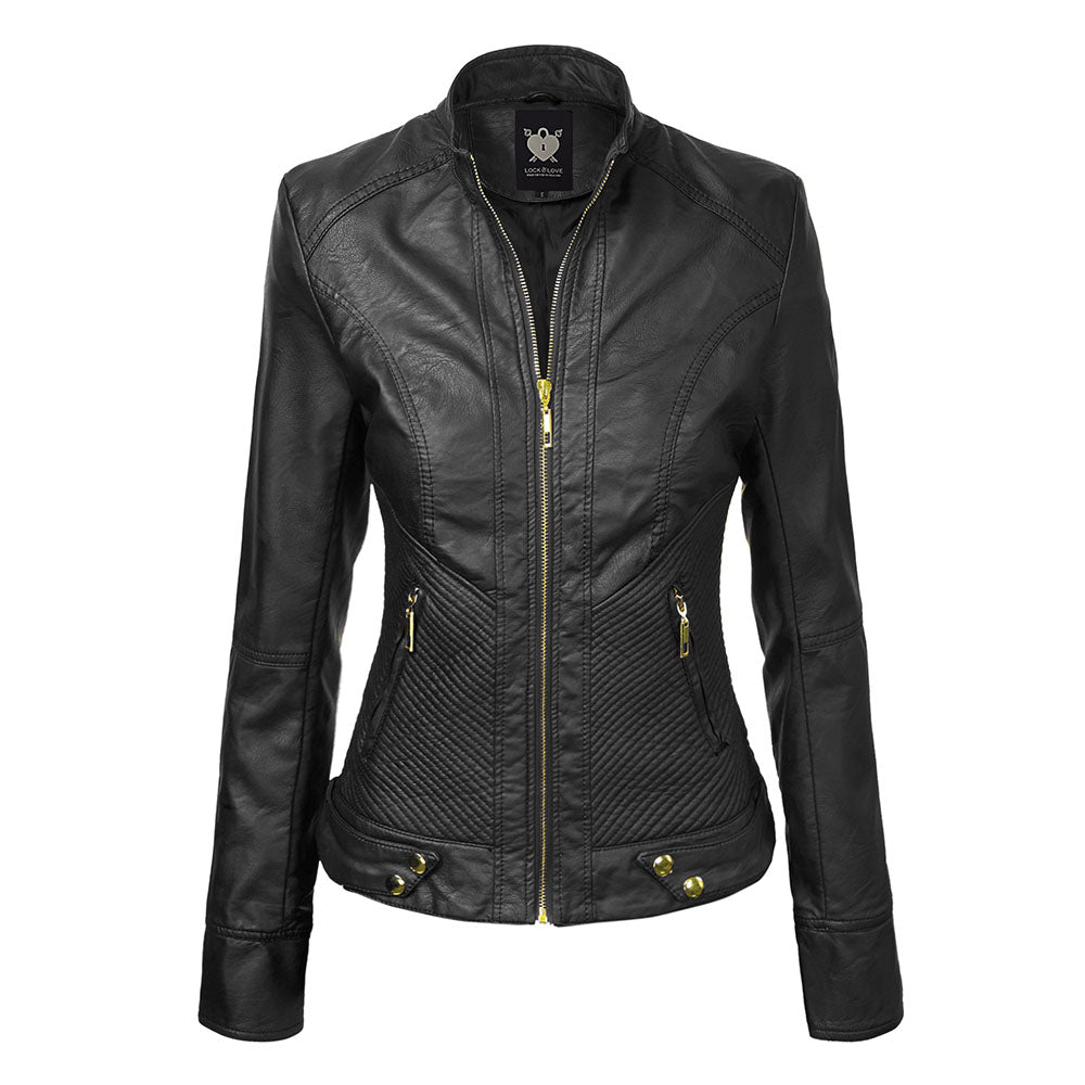 Women's Faux Leather Zip-up Moto Biker Jacket - BLACK XXL