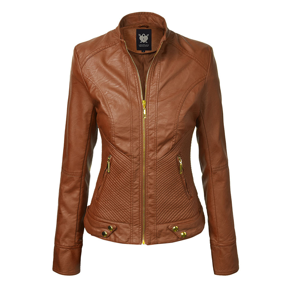 Women's Faux Leather Zip-up Moto Biker Jacket - CAMEL M