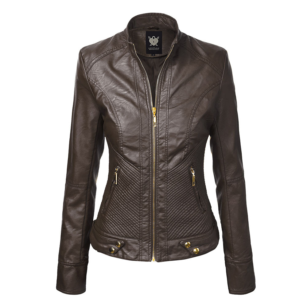 Women's Faux Leather Zip-up Moto Biker Jacket - COFFEE XL