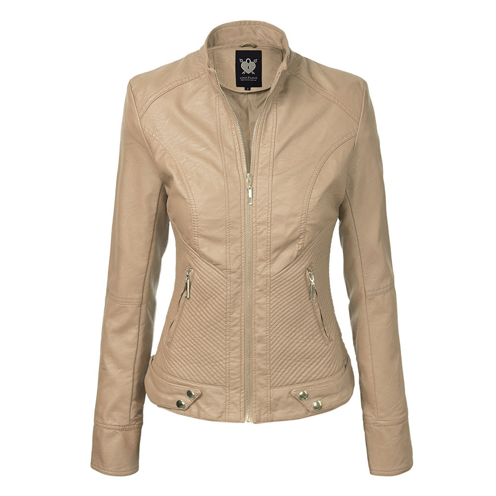 Women's Faux Leather Zip-up Moto Biker Jacket - KHAKI L