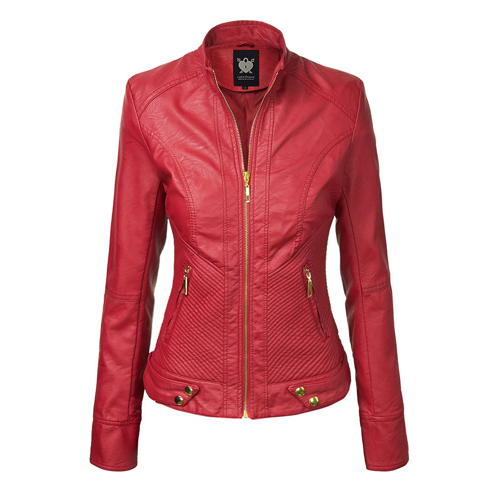 Women's Faux Leather Zip-up Moto Biker Jacket - RED M