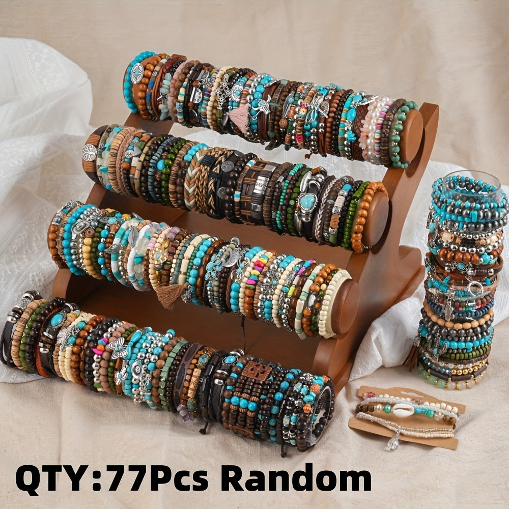 TEMU 5-10-25-48-77pcs Handmade Western Style Wooden Beaded Bracelet Set, Turquoise Beads Bracelets Set With Starfish Cactus Hat Alloy Pendant, Random