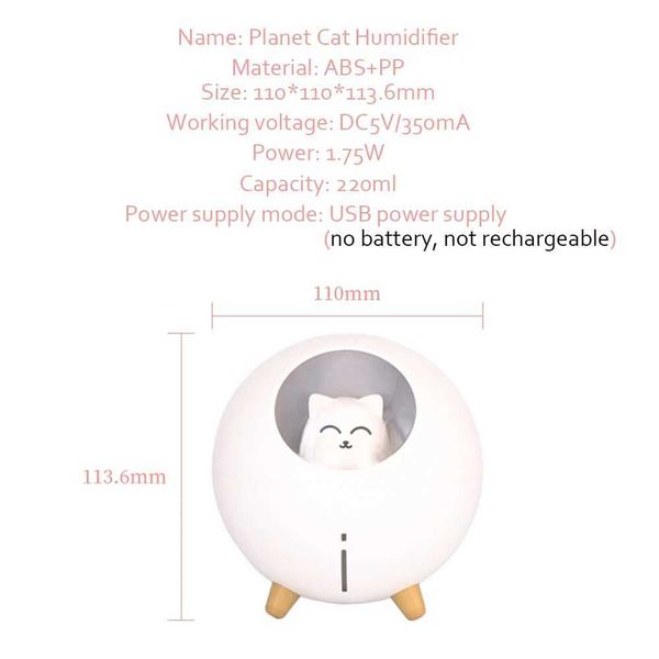 Humidifiers Cute Planet Cat Air Humidifier Ultrasonic Aroma Diffuser with Romantic Color LED Light USB Mini Humidifier Diffuser Mist M240829