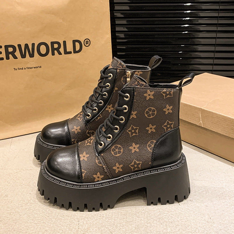 Free shipping Designer Printed Platform Lace-Up Ankle Boots Fashion Edgy Comfortable Casual Footwear For Women