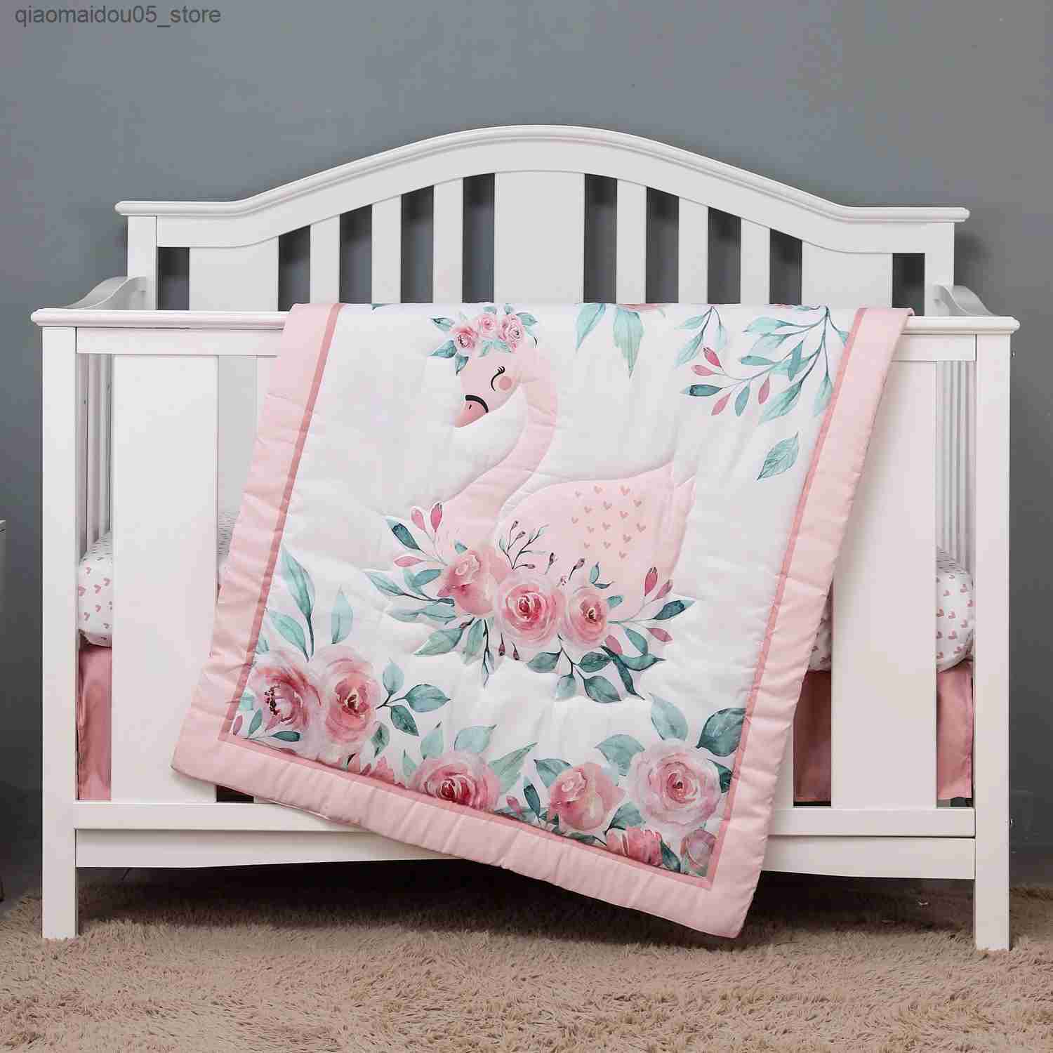 Bedding Sets 3 pieces of microfiber brushed baby crib set with swan and floral designs suitable for popular girls including quilts cribs and baby cr
