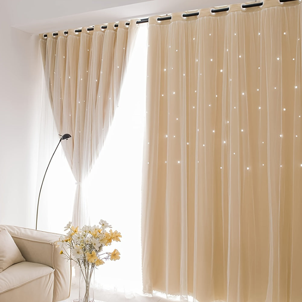 TEMU 2pcs Stars Cutout Blackout Curtains With Tulle Layers Grommet Window Panels For Bedroom Living Room Decor Wall Home, Beige