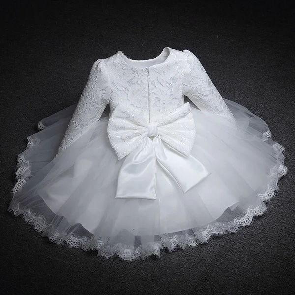 Baby Girls Long Sleeve Dresses for Xmas Party Wedding Lace Big Bow Infant Girl 1st Birthday Princess White Baptism Dress Z250102