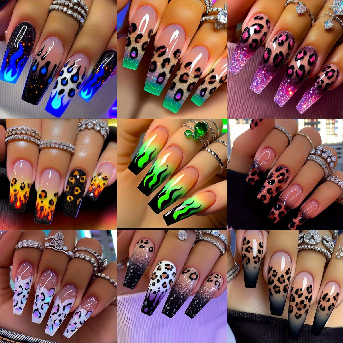 TEMU 216pcs (9 Sets European Long Ballet Turtle Shell Nail Leopard Print Flame Design Fashionable Y2k Style Pink White Black French Gradient Glossy