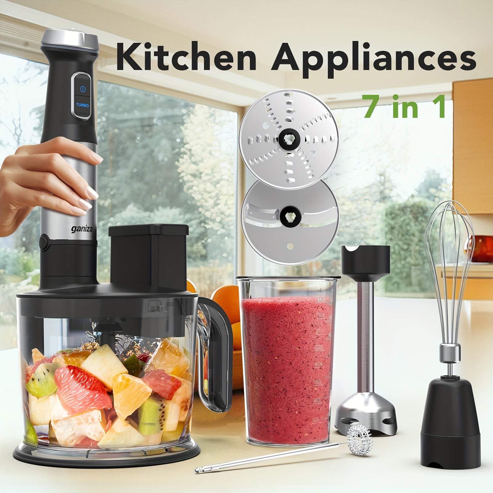 TEMU Ganiza Handheld Blender, 7-in-1 Hand Blender, 15 Variable Speed And Turbo Emulsifying Blender Stainless Steel Stick Blender With 1500ml Food