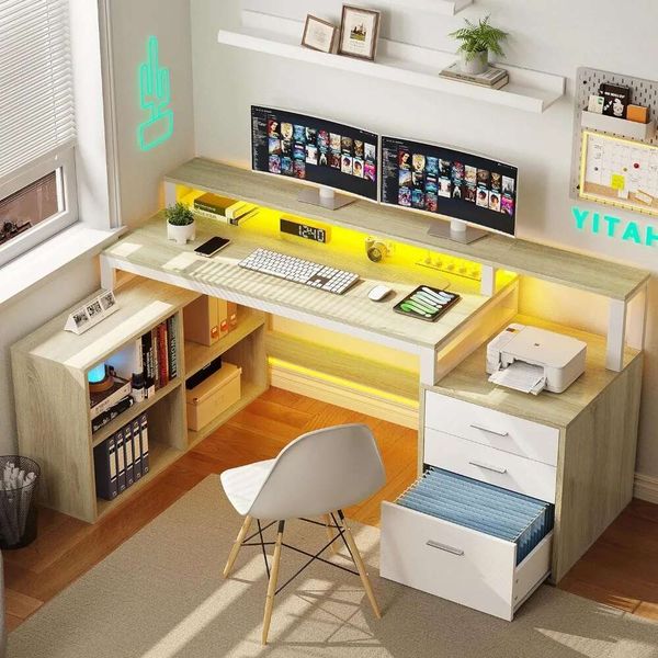 L Shaped Power Outlets LED Lights & File Cabinet, 65&quot; Computer Corner Desk, Home Office Desk with Monitor Stand