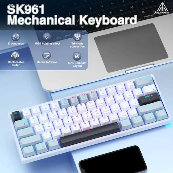 Teclados solakaka sk961 60% teclado para jogos de jogo quente swappable bluetooth teclado sem fio com programabilidade RGB e macro software