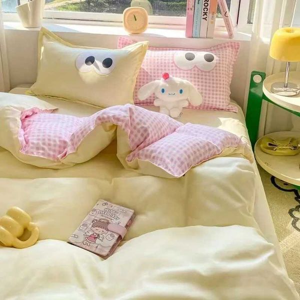 Pink Grid Duvet Cover Set Soft Solid Color Flat Sheet Quilt Cover Pillowcase Bed Linen Twin Queen Full Size Simple Bedding Set Y240730