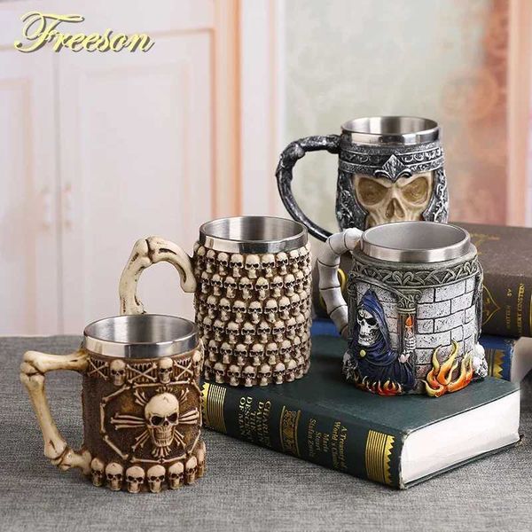 Coolest Gothic Skull Resin Stainless Steel Beer Mug Dragon Knight Tankard Halloween Coffee Cup Christmas Tea Mug Pub Bar DecorM240803