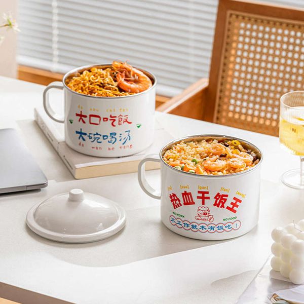 Bowls Chinese Enamel Instant Noodle With Lid Large Size Nostalgic Single Lunch Box Household Rice 221203