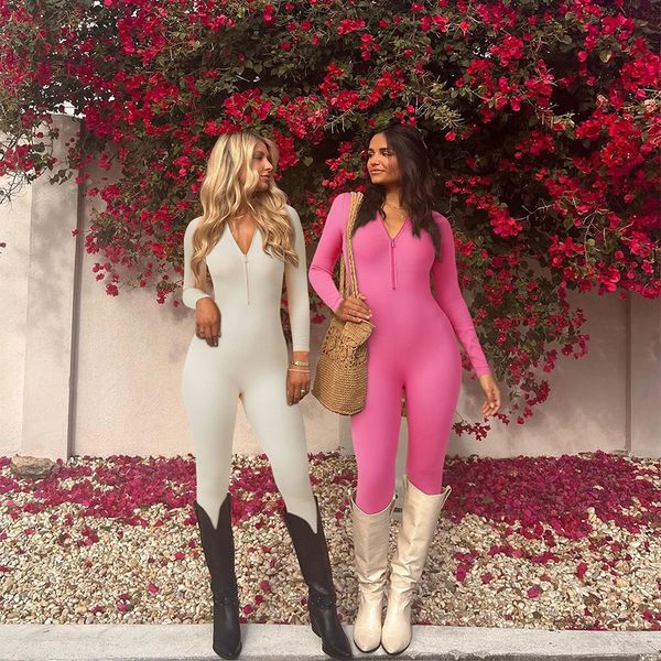 Long Sleeve Jumpsuit Women Solid Bodycon Summer Bodysuit Fashion Streetwear Zipper Outfits Romper Overalls Sportswear 250210
