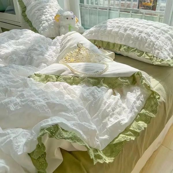 Korean Princess Bedding Set Duvet Cover Ins Style Wash Cotton Solid Color Summer Soft Bed Sheet Comforter Quilt 240624