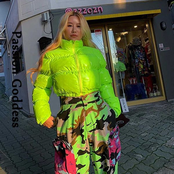 Women&#039;s Down Parkas Fashion Cool Women Bright PU Puffer Jackets Stand Collar Warm Bubble Coats Shiny Leather Parkas Down Zipper Crop Ja