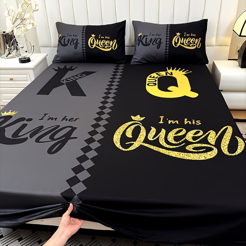 TEMU 3pcs Soft Comfortable Black Grey Color Blocking Crown Letter Printing Bed Sheet(1pc Bed Sheet+2pcs Pillowcase No Filling), Deep Pocket In 15