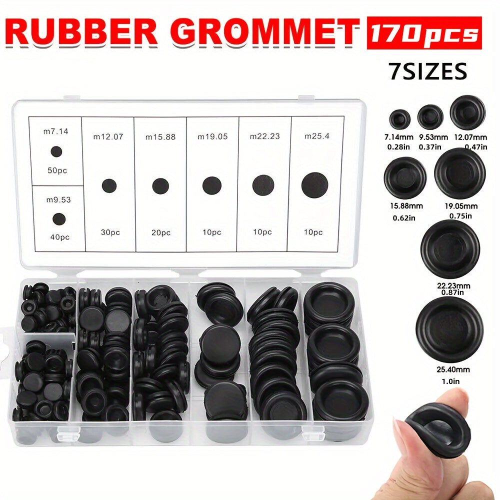 TEMU 170pcs-box Rubber Grommet Protective Coil Double-sided Black Rubber Hole Plug Car Electrical Wire Gasket