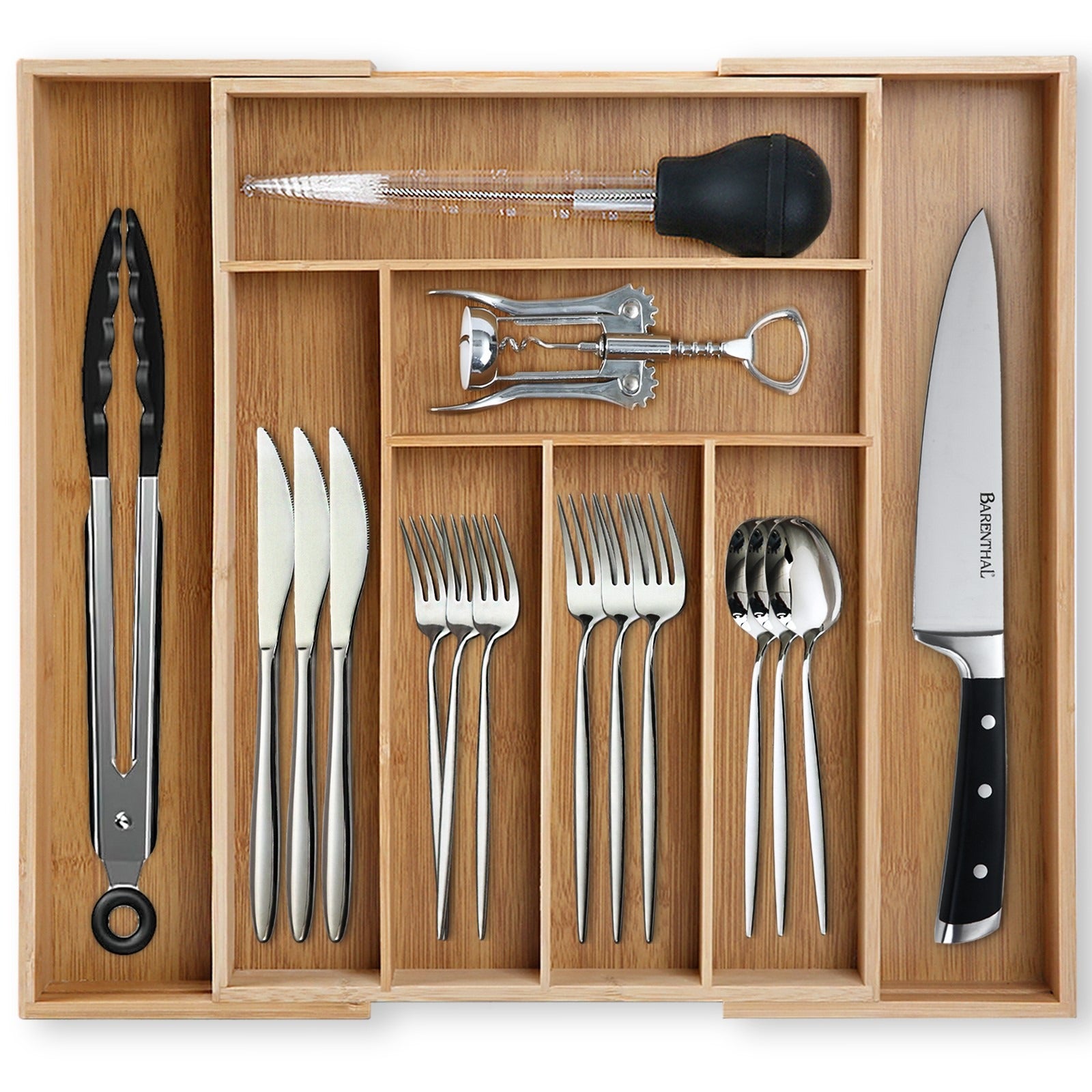 TEMU 1pc Adjustable Bamboo Drawer Organizer For Utensils And Silverware - Expandable Cutlery Tray For Kitchen, Bedroom, And Living Room - Easy To