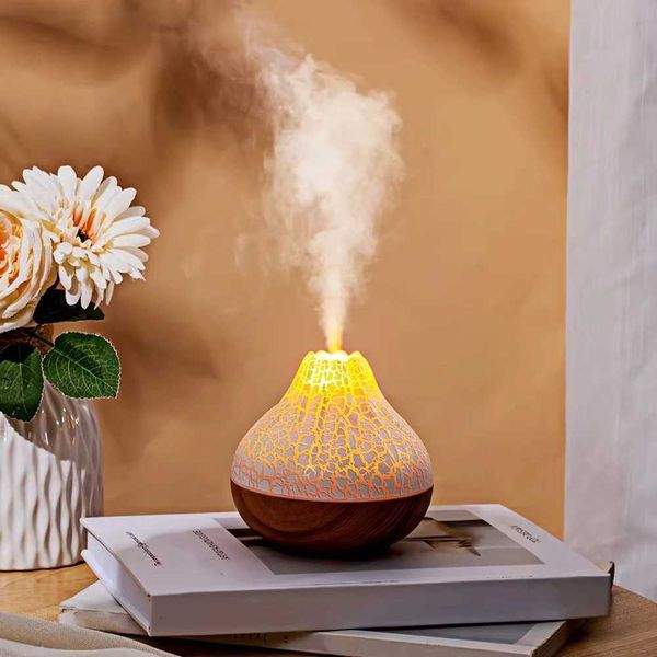 Humidifiers Volcano Air humidifier 300ml home desktop USB simulation rainbow flame humidifier perfume machine with color night light M240829