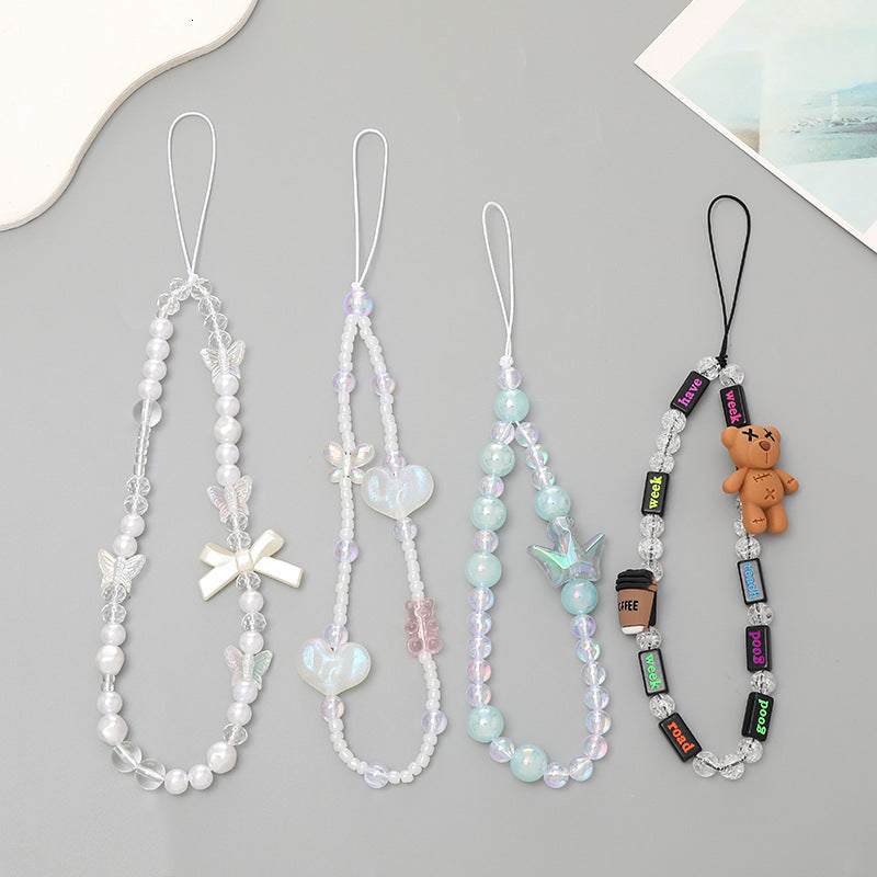 Yilian New Beaded Chain Cartoon Bear Crown Love Phone Hanging fall and Anti throw Rope Gift for Women