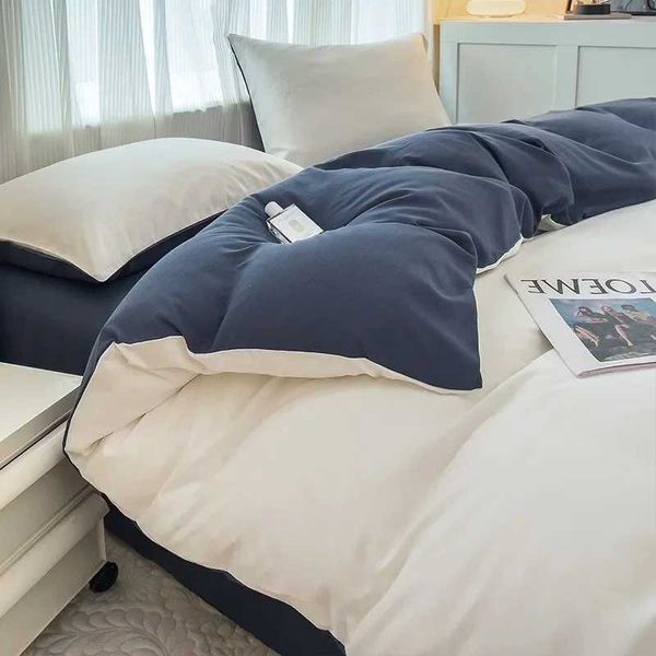 New Arrival Solid color plant thickened three or four piece bed sheet set with blue and white large mesh (with pillowcase) comfortable set M